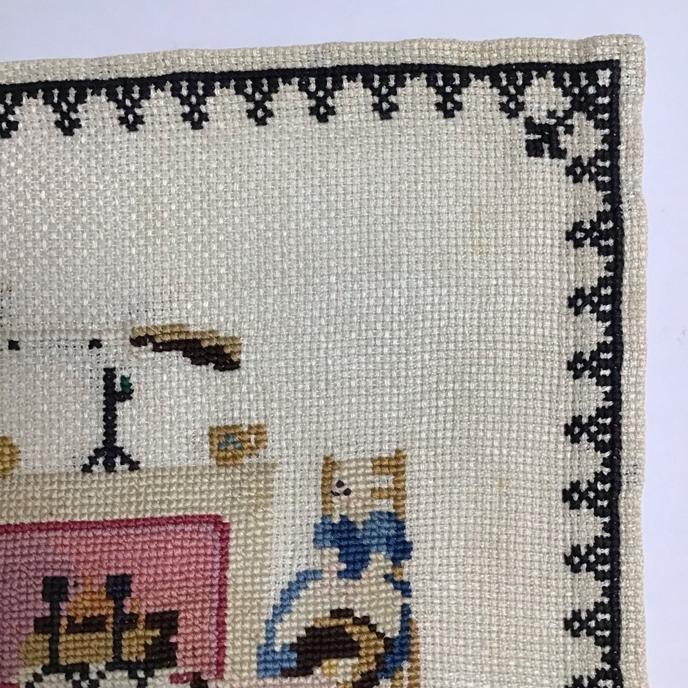 Americana Cross Stitch Sampler Colonial Pilgrim Doily Art Complete 11x12 Vintage - Picture 8 of 16